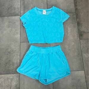 Offline Aerie Aqua Blue Terrycloth Smiley Face Cropped Tee and shorts set XS/S